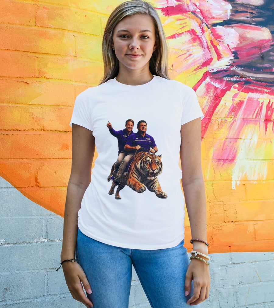 Bayou Brothers Tiger Riding LSU Coach Ed Orgeron Vs Kim Mulkey T-Shirt