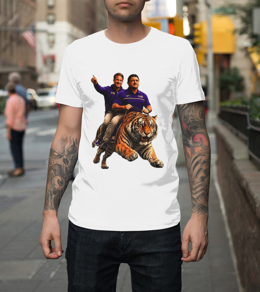 Bayou Brothers Tiger Riding LSU Coach Ed Orgeron Vs Kim Mulkey T-Shirt