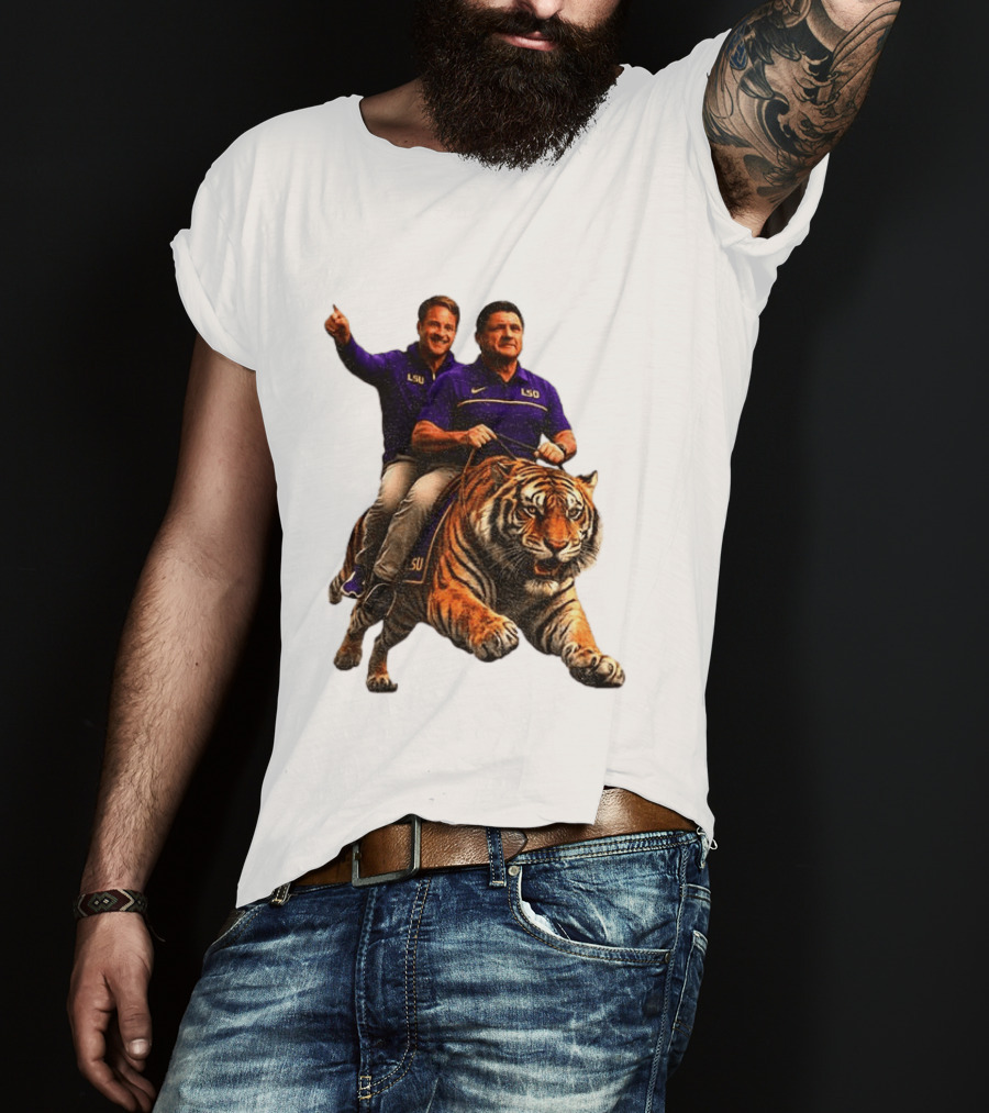 Bayou Brothers Tiger Riding LSU Coach Ed Orgeron Vs Kim Mulkey T-Shirt