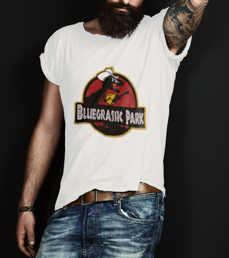 Bluegrassic Park Dinosaur Playing Mandolin Cowboy Hat Jurassic T-Shirt