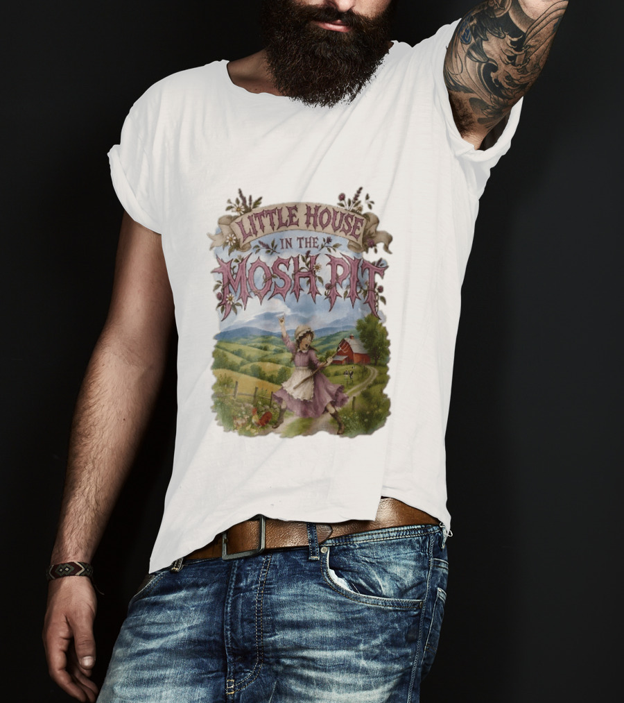 Little House In The Mosh Pit Pioneer Girl Screaming Pitchfork Red Barn Farm Country Scene T-Shirt