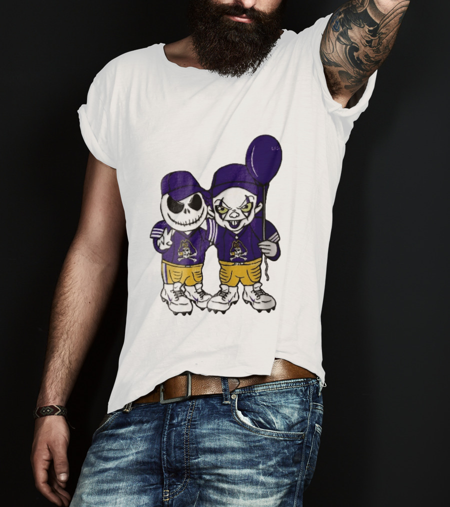 East Carolina Pirates NCAA Jack Skellington Pennywise Clown Purple Balloon T-Shirt