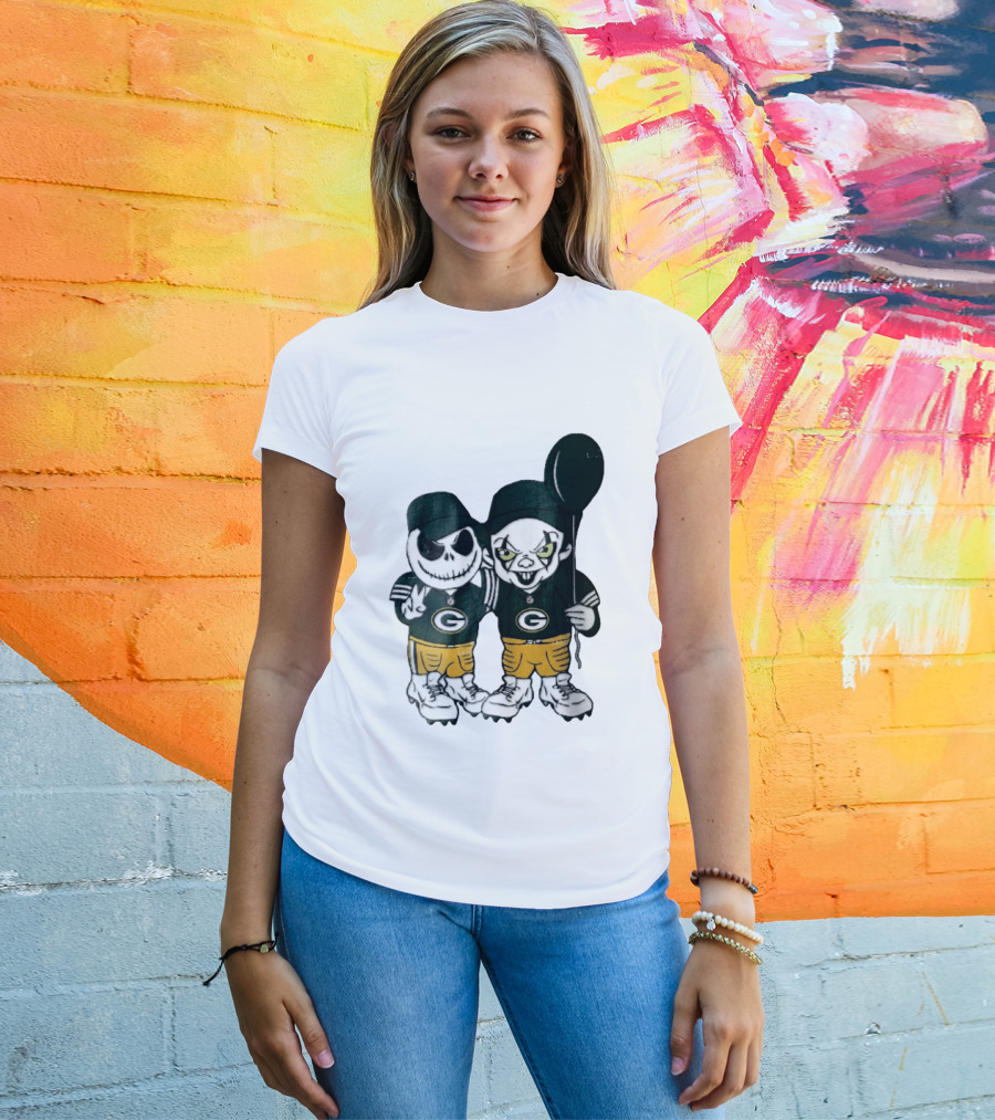Green Bay Packers Jack Skellington Clown Balloon Cartoon Caricature Duo T-Shirt