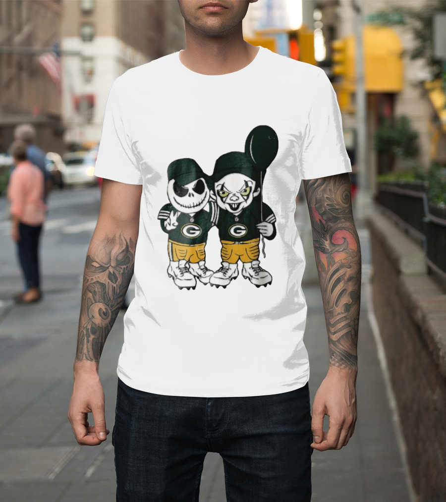 Green Bay Packers Jack Skellington Clown Balloon Cartoon Caricature Duo T-Shirt