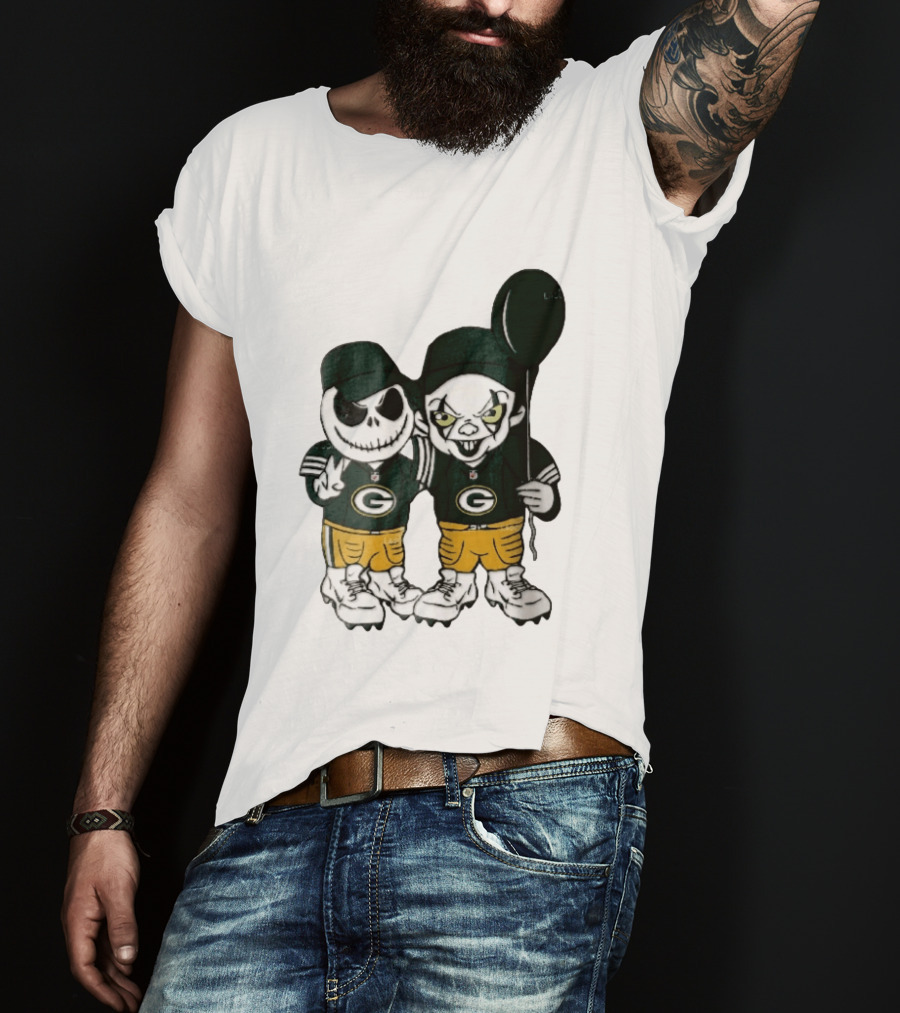 Green Bay Packers Jack Skellington Clown Balloon Cartoon Caricature Duo T-Shirt