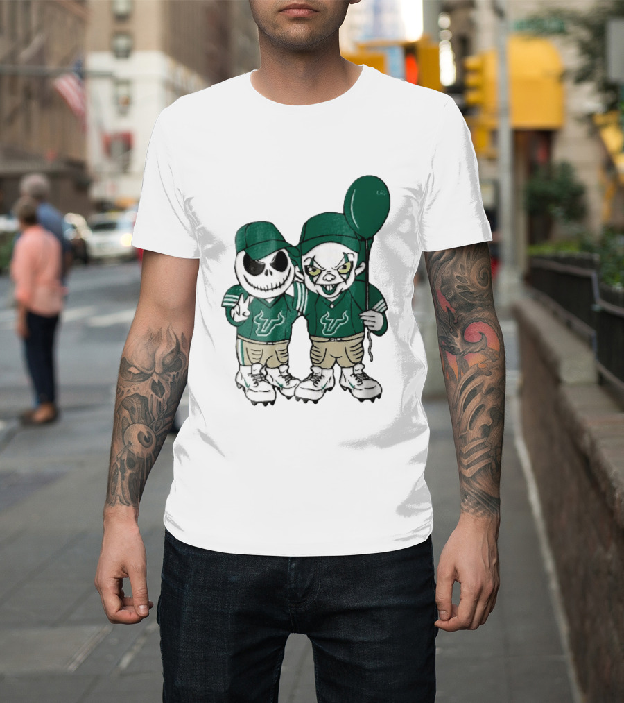 South Florida Bulls Skeleton And Evil Clown With Balloon NCAA Cartoon T-Shirt