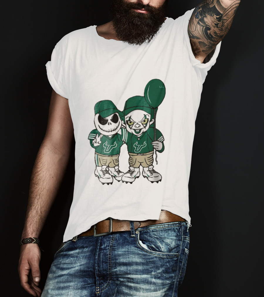 South Florida Bulls Skeleton And Evil Clown With Balloon NCAA Cartoon T-Shirt