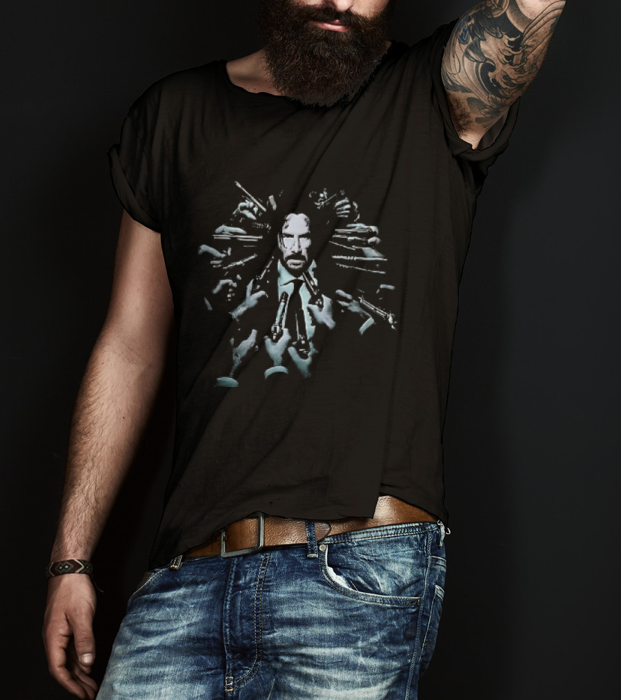 John Wick Surrounded By Guns Pointed At His Head Iconic Movie Scene T-Shirt