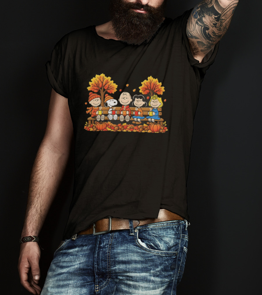 Peanuts Autumn Harvest Scene On Bench With Pumpkins And Falling Leaves T-Shirt
