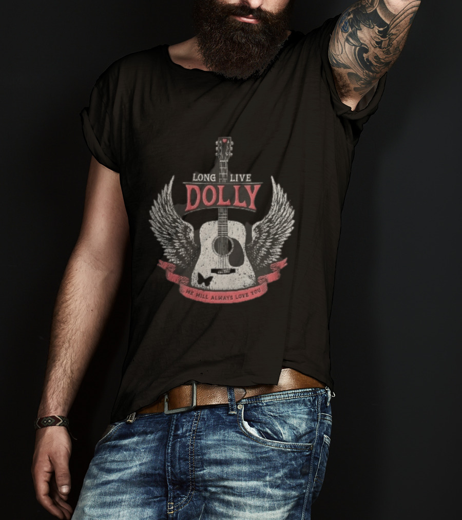 Long Live Dolly Distressed Winged Acoustic Guitar Butterfly Red Banner We Will Always Love You T-Shirt