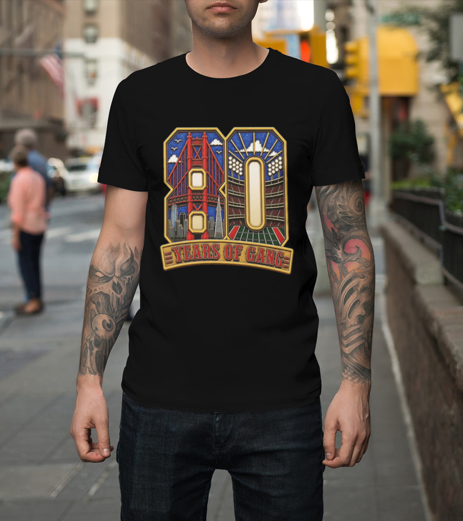 San Francisco 49ers 80 Years Of Gang Bridge And Stadium Celebration T-Shirt