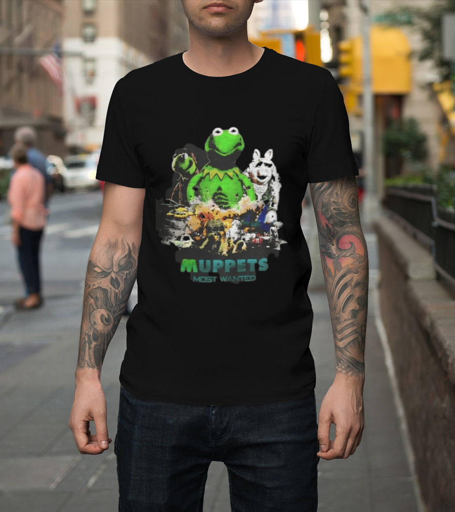 Muppets Most Wanted Kermit Frog Miss Piggy Explosion Helicopter Collage T-Shirt