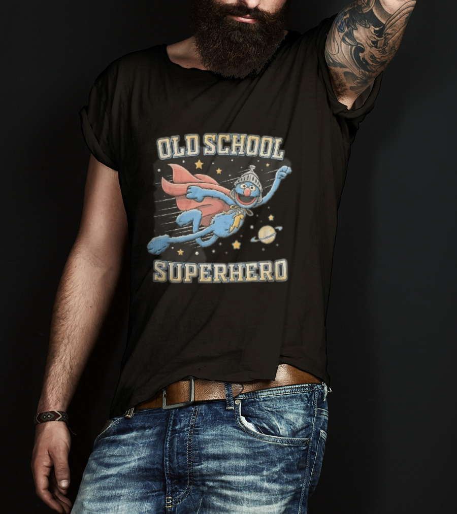Old School Superhero Distressed Cartoon Super Grover Flying Outer Space Stars Planet T-Shirt