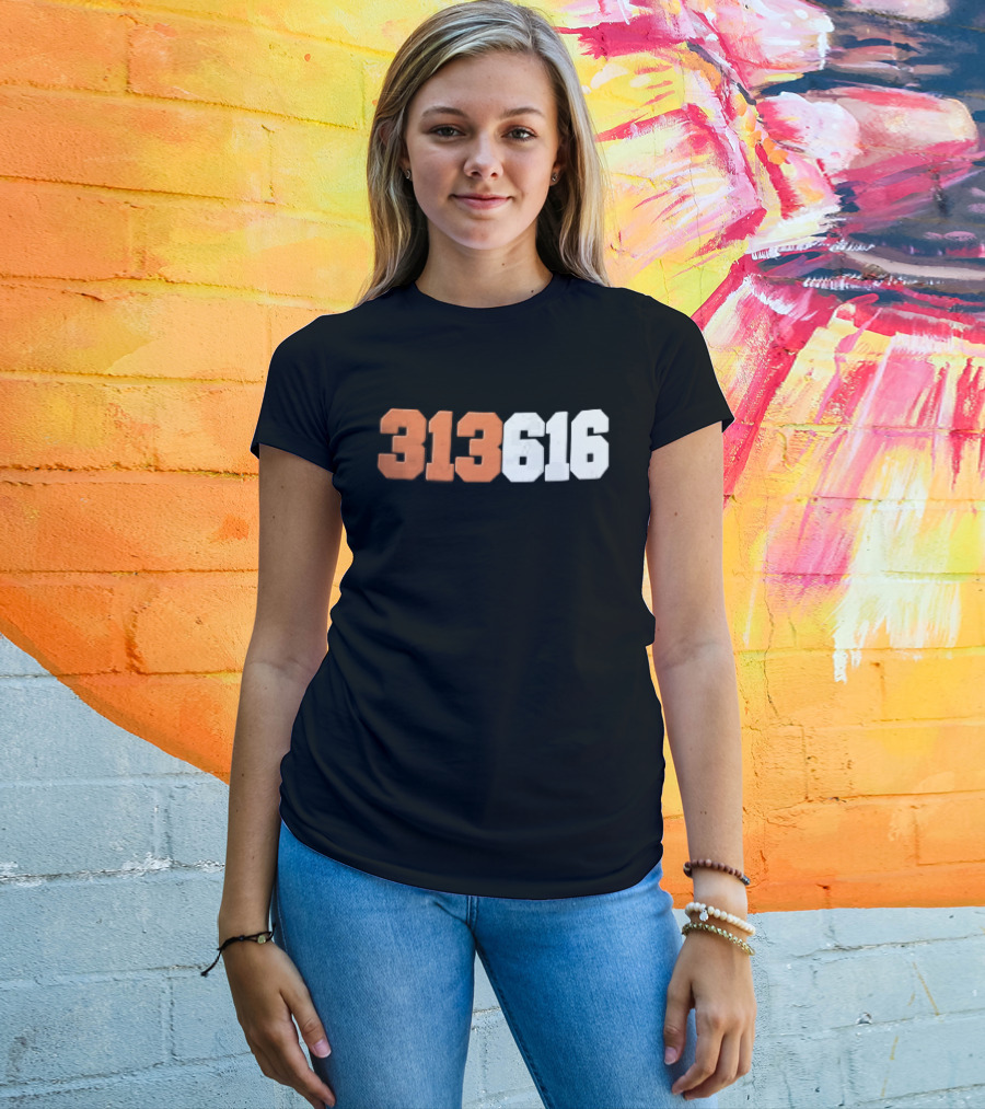 313616 Orange White Varsity Block Digits Jersey Numbers T-Shirt