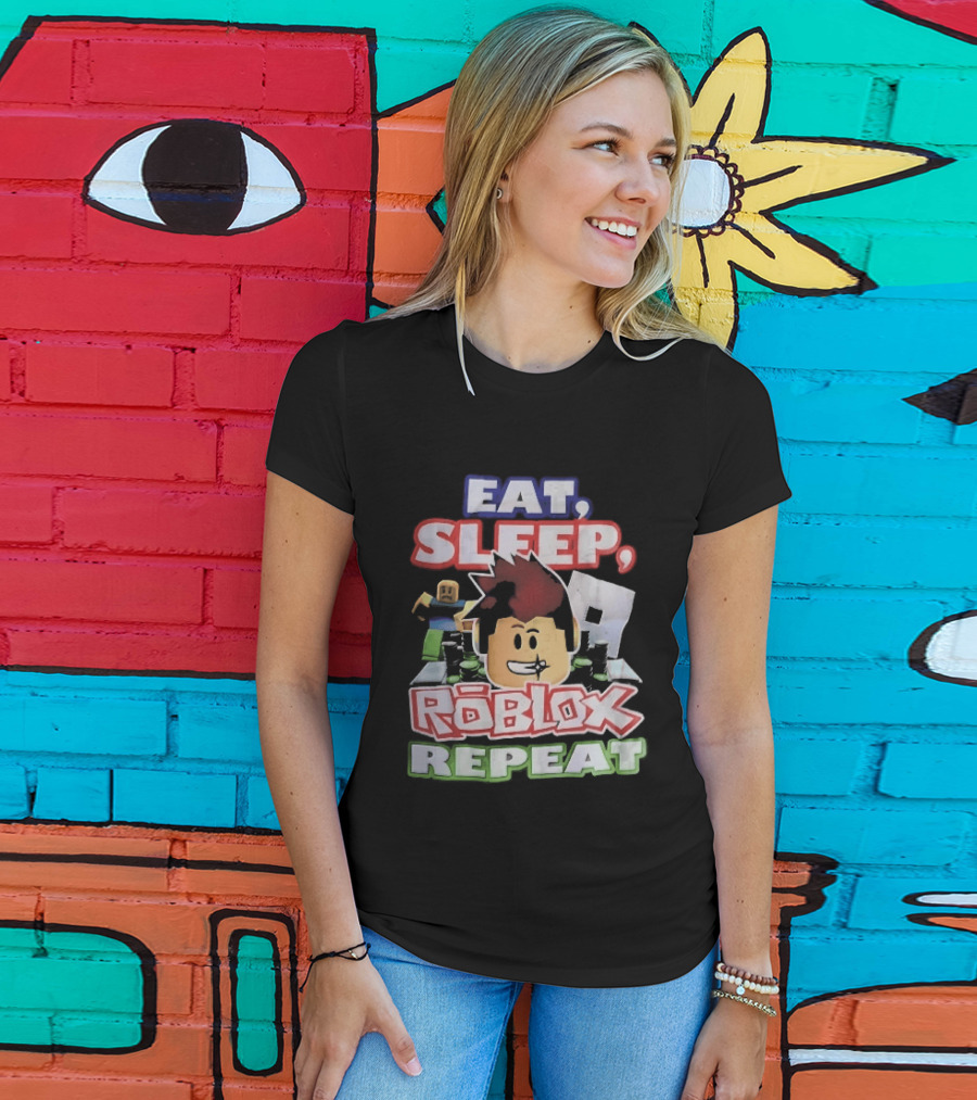 Eat Sleep Roblox Repeat Cartoon Avatar Noob Running Cash Stacks T-Shirt