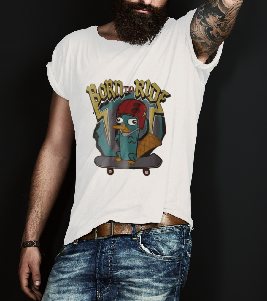 Born To Ride Cartoon Platypus Red Helmet Skateboard T-Shirt