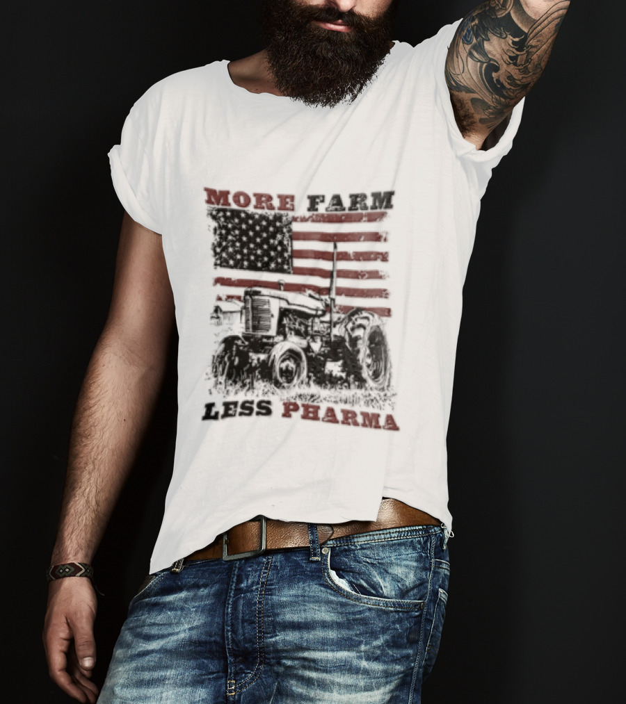More Farm Less Pharma Distressed American Flag Tractor T-Shirt