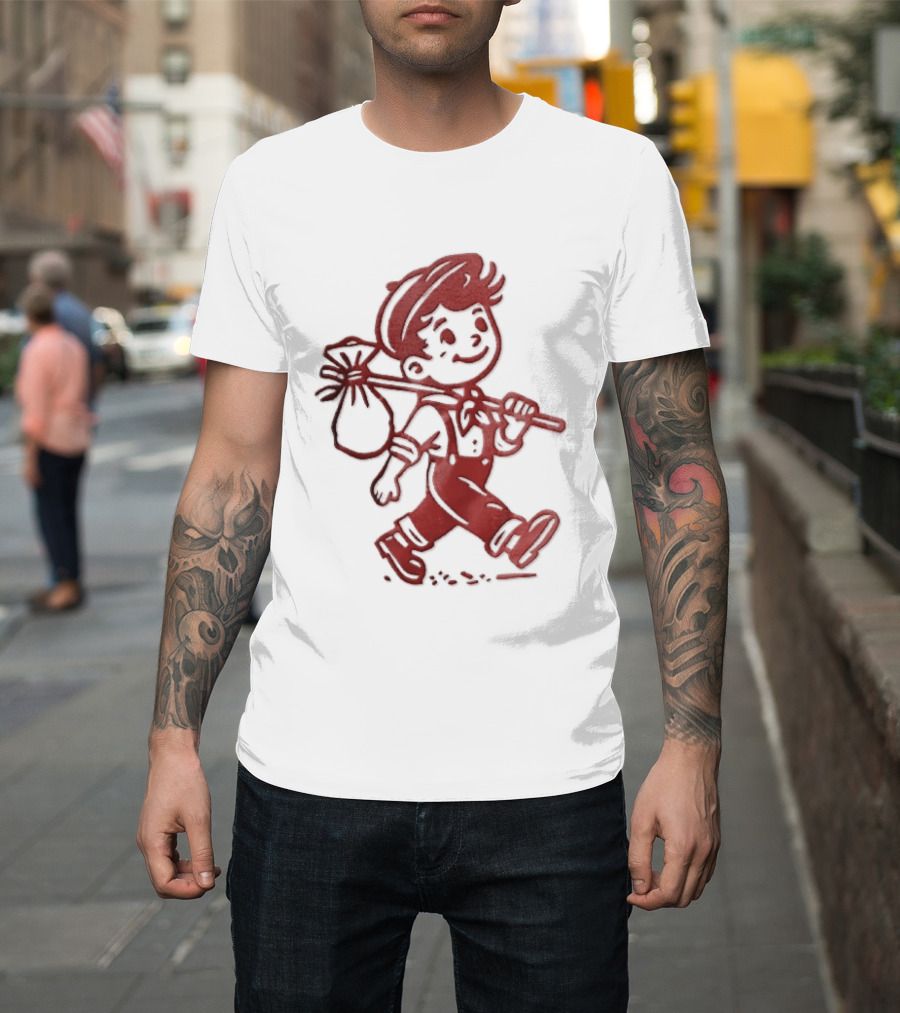 Red Line Cartoon Boy With Bindle Knapsack Stick Drawing T-Shirt