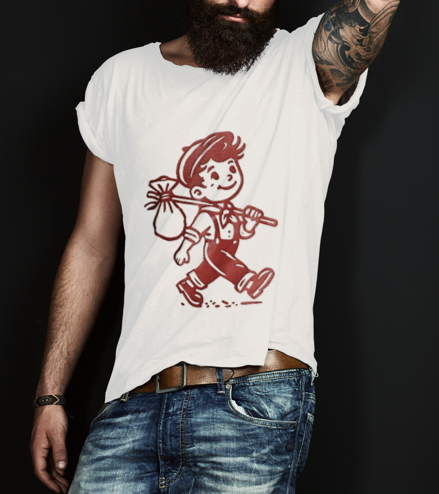 Red Line Cartoon Boy With Bindle Knapsack Stick Drawing T-Shirt