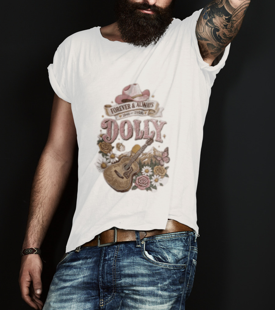 Forever & Always Dolly 1946 2026 Cowboy Hat Guitar Flowers Butterfly T-Shirt