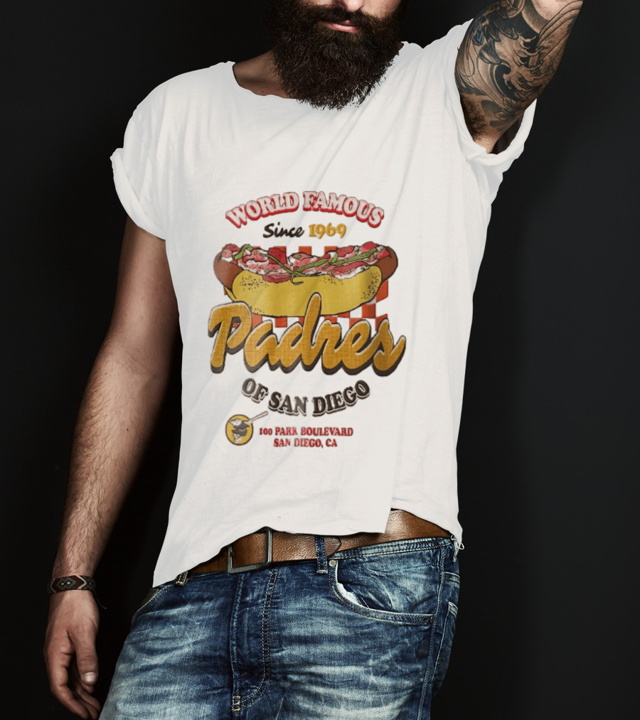 World Famous Padres Of San Diego Since 1969 Halftone Hot Dog 100 Park Boulevard CA T-Shirt
