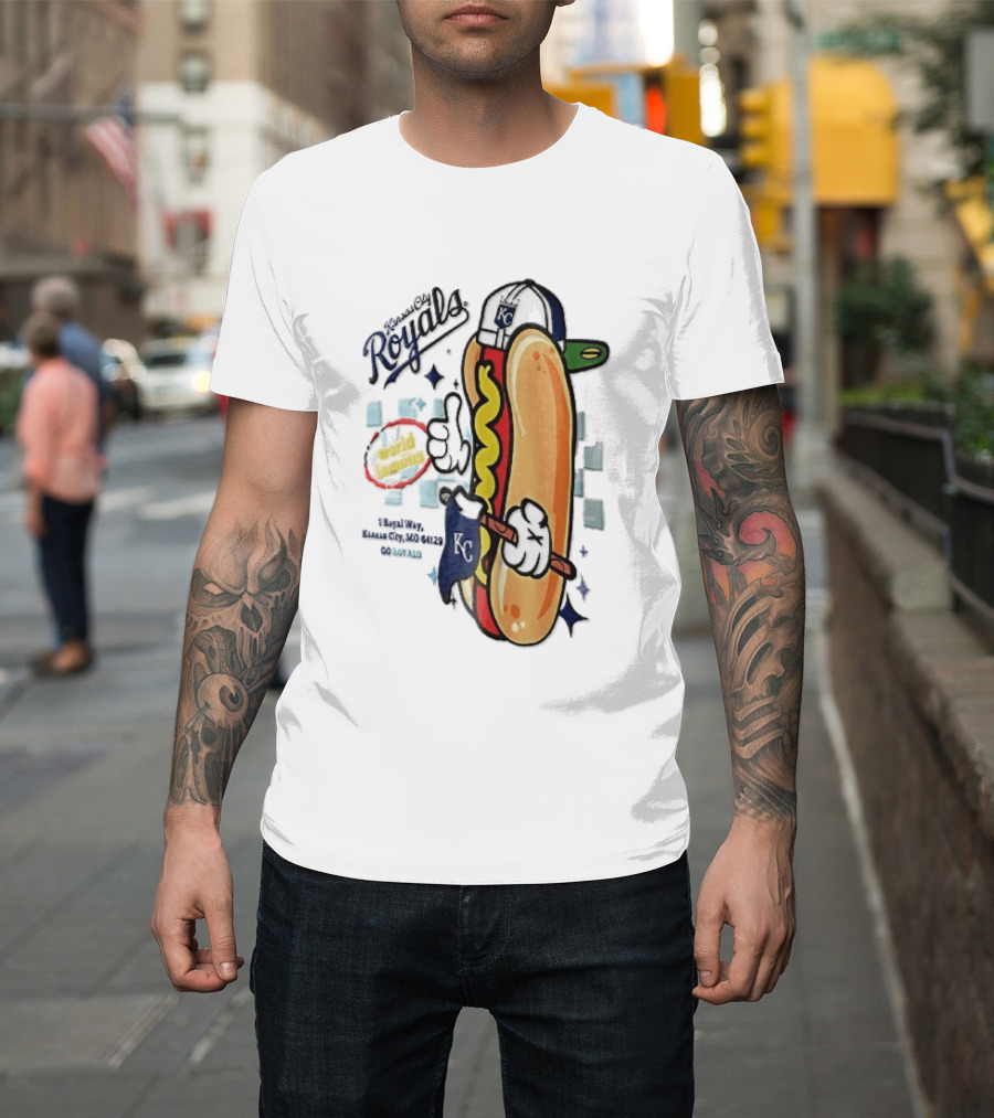 Kansas City Royals World Famous 1 Royal Way Mo 64129 Cartoon Hot Dog KC Cap T-Shirt