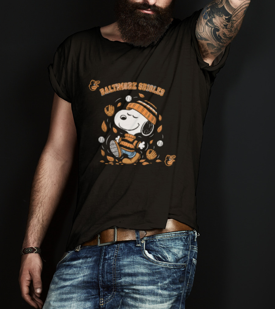 Baltimore Orioles Snoopy Beanie Mitts Falling Leaves Baseballs T-Shirt