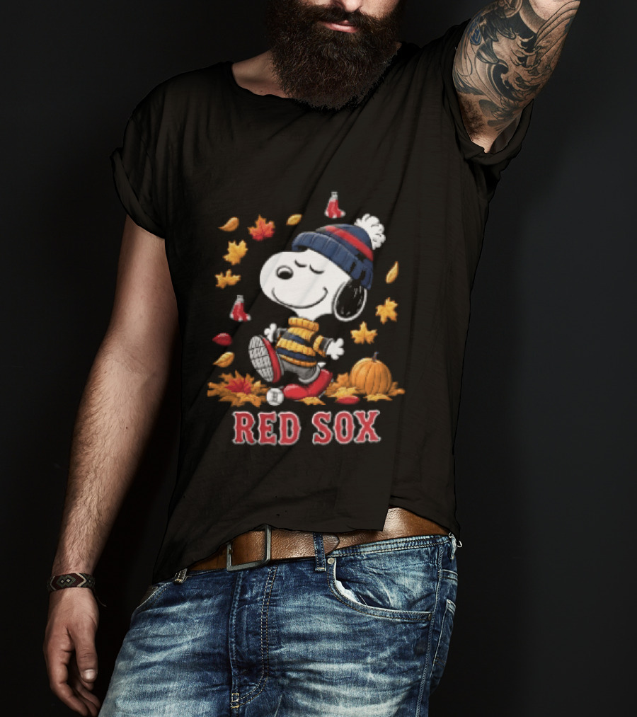 Boston Red Sox Snoopy Walking With Autumn Leaves And Pumpkin T-Shirt