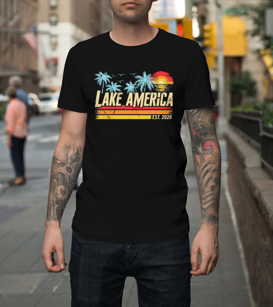 Lake America Est 2026 Tropical Vacation Sunset Palm Trees And Seagulls T-Shirt