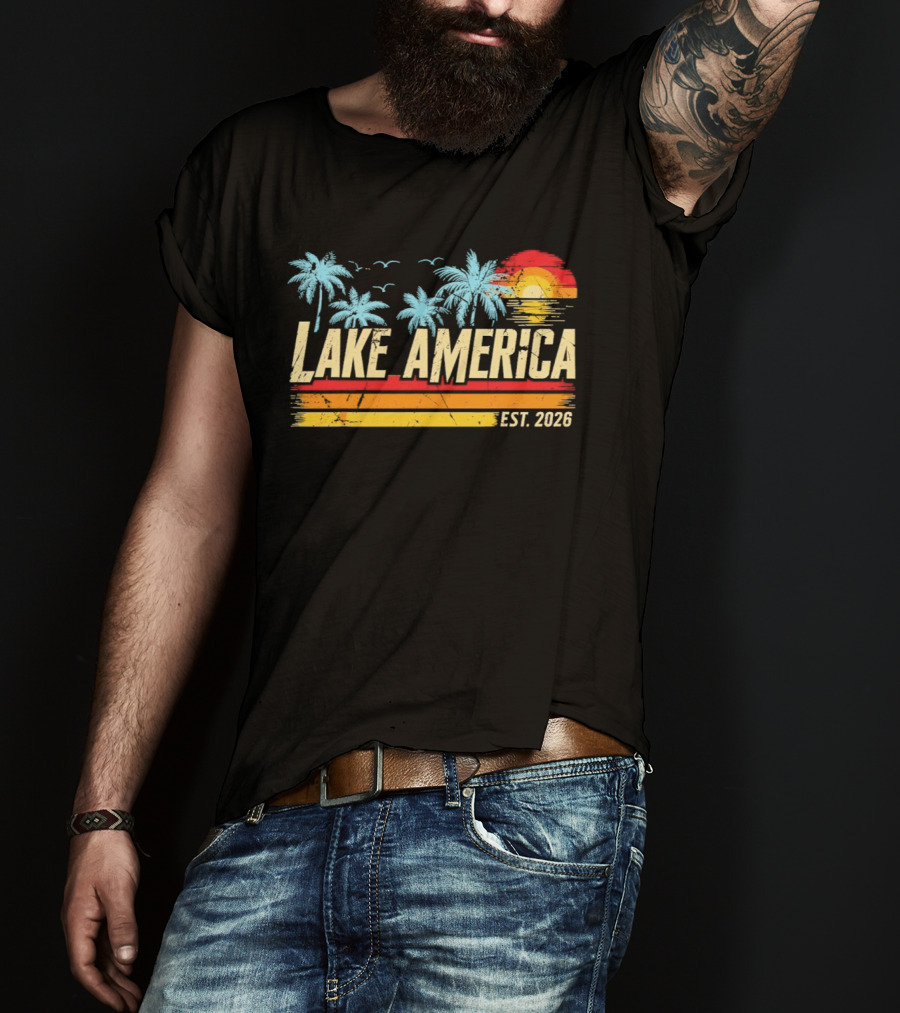 Lake America Est 2026 Tropical Vacation Sunset Palm Trees And Seagulls T-Shirt