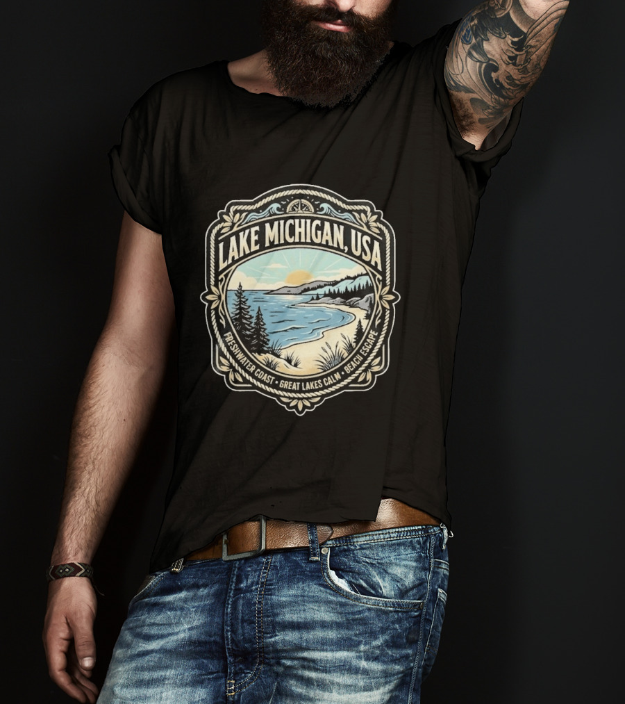 Lake Michigan USA Freshwater Coast Great Lakes Calm Beach Escape T-Shirt