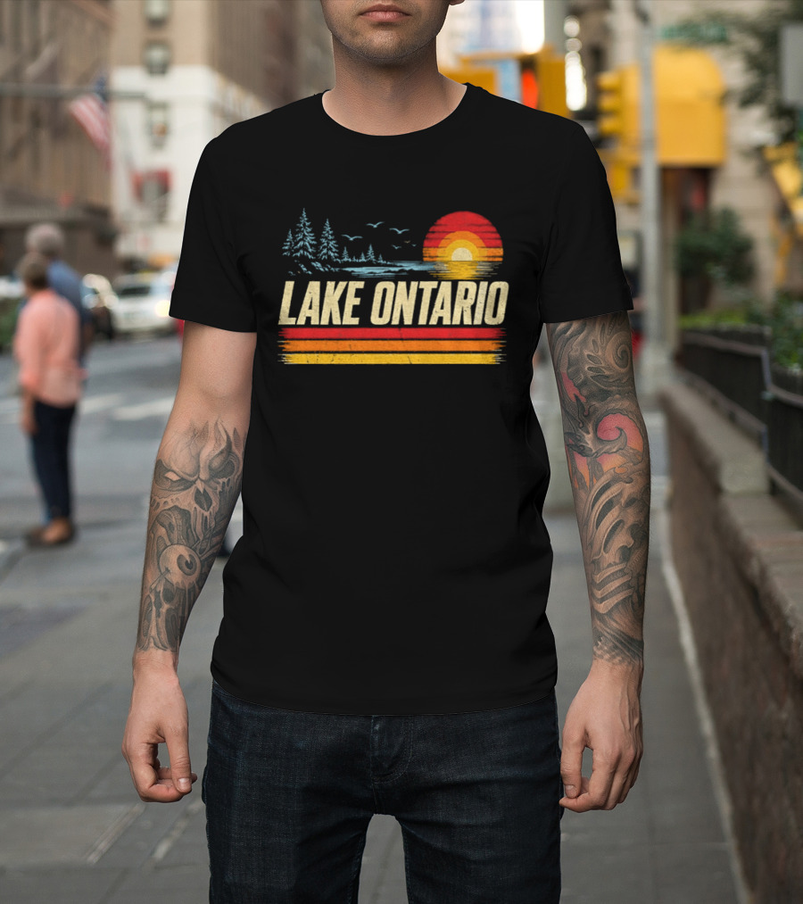 Lake Ontario Sunset Vintage Style With Pines And Birds T-Shirt