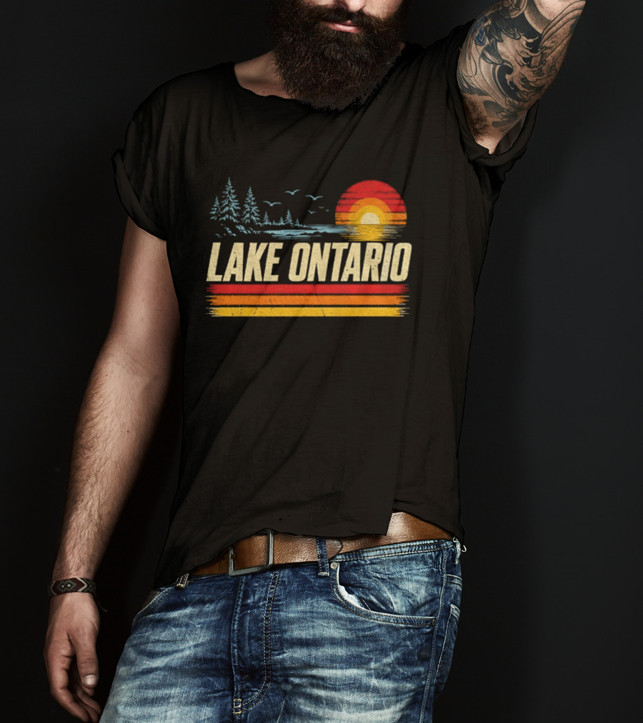 Lake Ontario Sunset Vintage Style With Pines And Birds T-Shirt