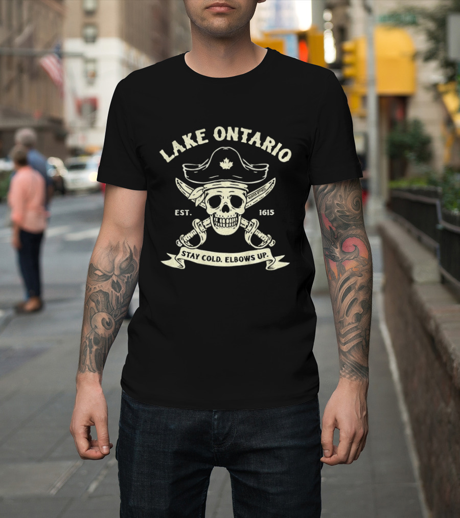 Lake Ontario Skull Pirate Canada Maple Leaf Est 1615 Stay Cold Elbows Up T-Shirt