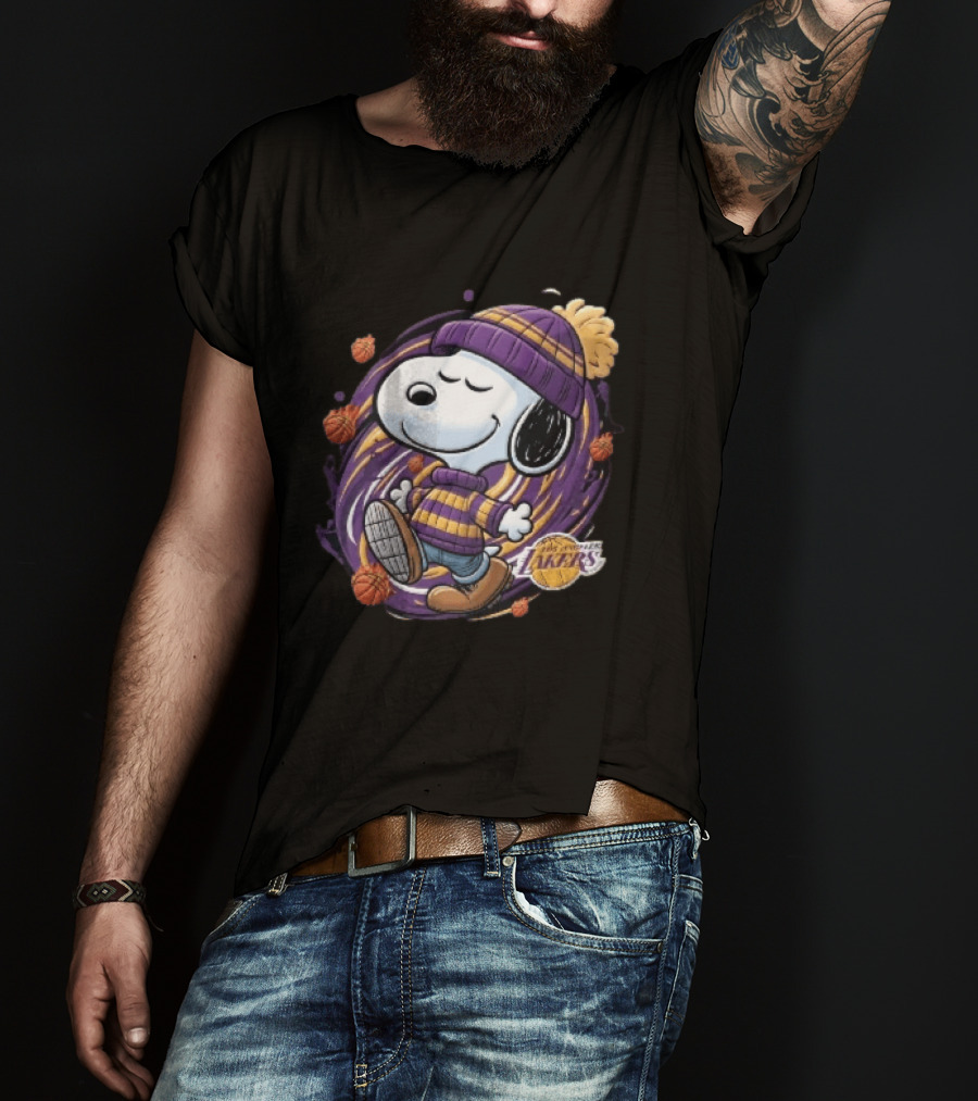 Los Angeles Lakers NBA Snoopy Cartoon Beanie Swirl Flaming Basketballs T-Shirt