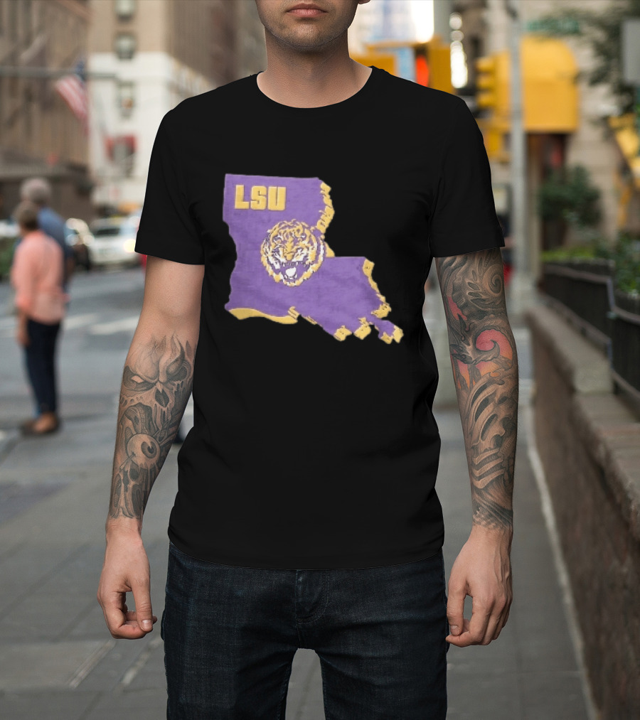 LSU Tigers NCAA Roaring Head Louisiana Map T-Shirt
