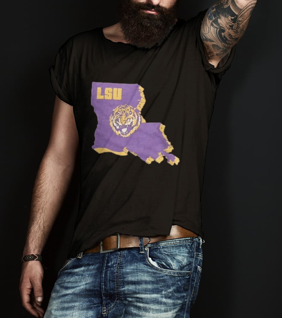 LSU Tigers NCAA Roaring Head Louisiana Map T-Shirt