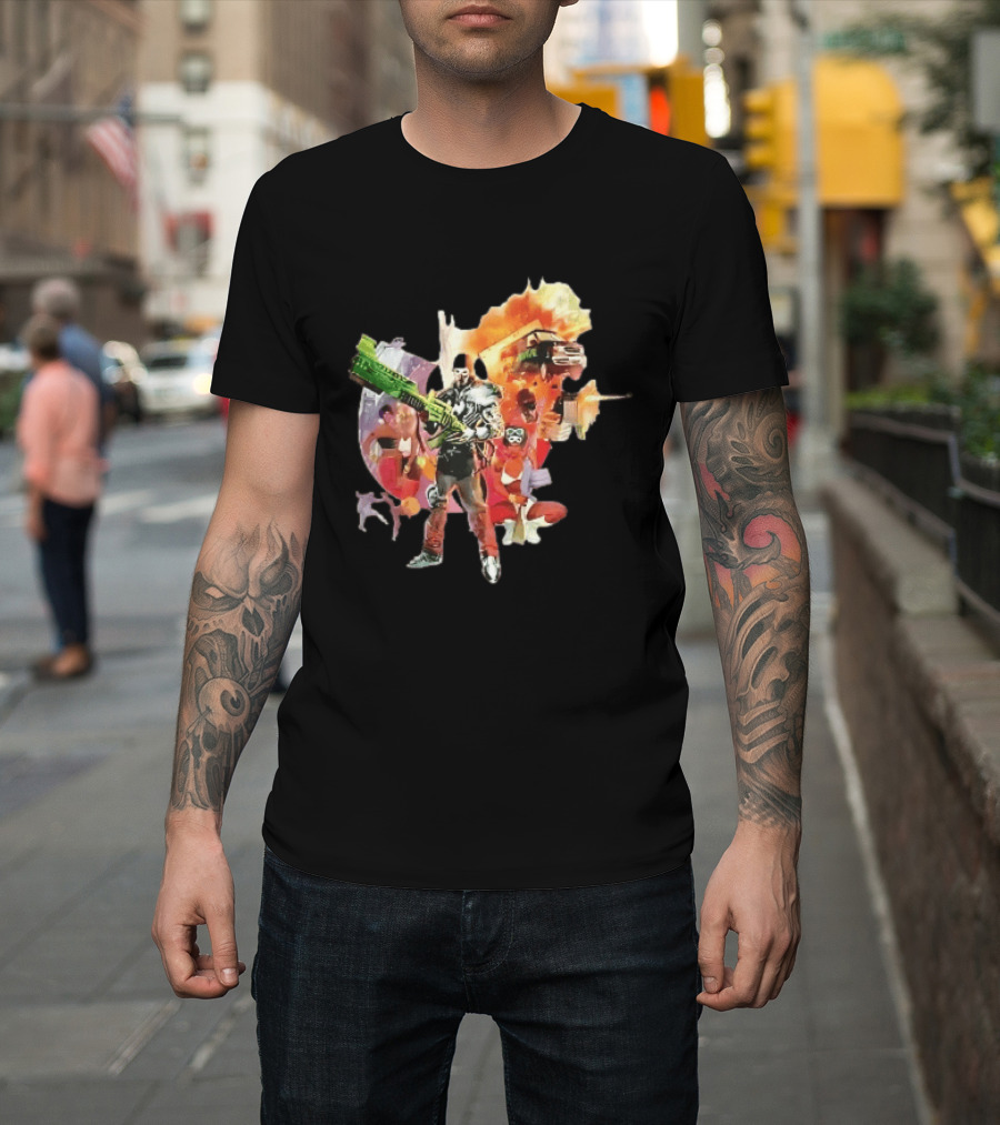 Masked Skeleton Soldier Green Rifle Fire Explosion Flying Truck Collage T-Shirt