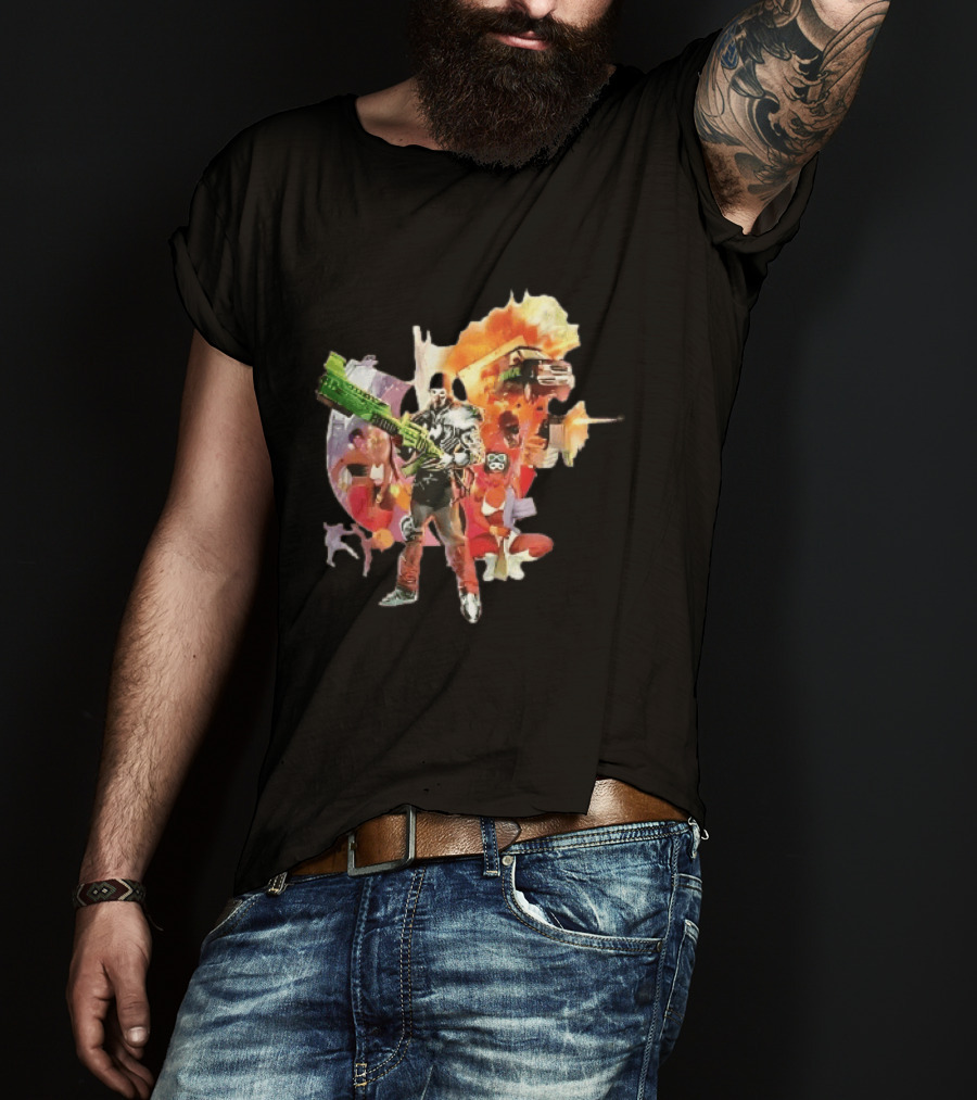 Masked Skeleton Soldier Green Rifle Fire Explosion Flying Truck Collage T-Shirt