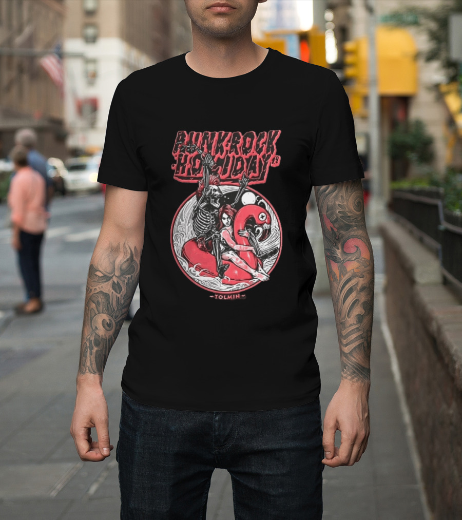 Punk Rock Holiday 19 Tolmin Mohawk Skeleton Riding Pink Flamingo Ocean Waves T-Shirt