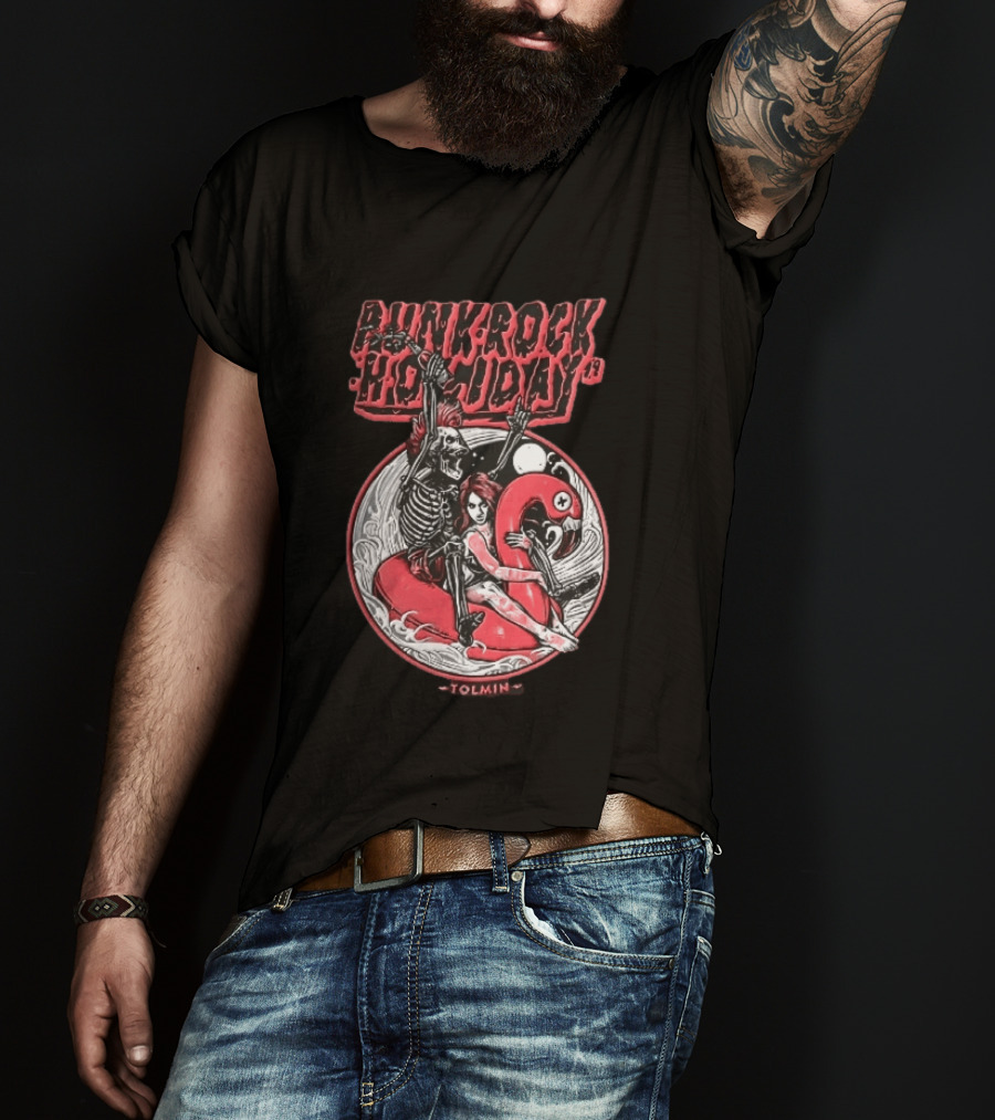Punk Rock Holiday 19 Tolmin Mohawk Skeleton Riding Pink Flamingo Ocean Waves T-Shirt