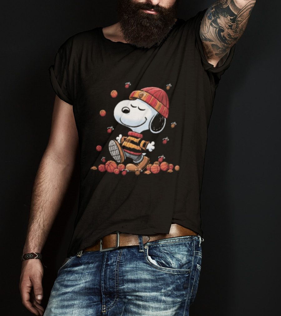 Miami Heat NBA Snoopy Walking Beanie Striped Flaming Basketballs Black T-Shirt