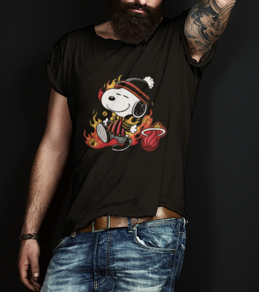 Miami Heat NBA Snoopy Walking Beanie Striped Flames Cartoon T-Shirt