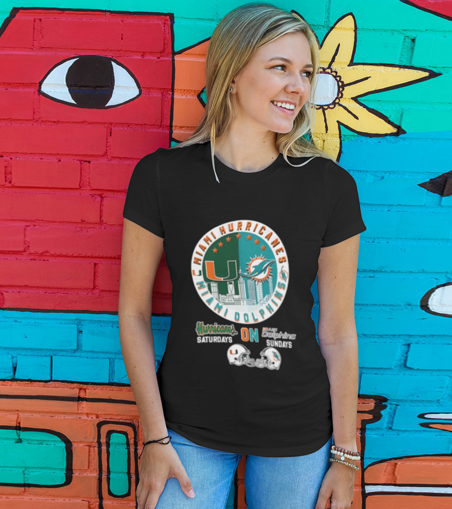 Miami Hurricanes Dolphins City Skyline Saturdays Sundays Two Helmets T-Shirt