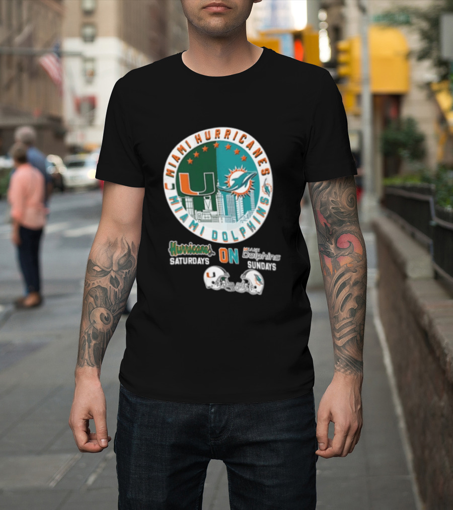 Miami Hurricanes Dolphins City Skyline Saturdays Sundays Two Helmets T-Shirt