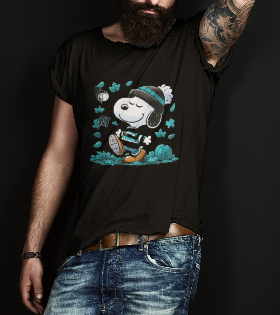 Miami Marlins Snoopy Walking Winter Beanie Autumn Leaves Pumpkin MLB Cartoon T-Shirt