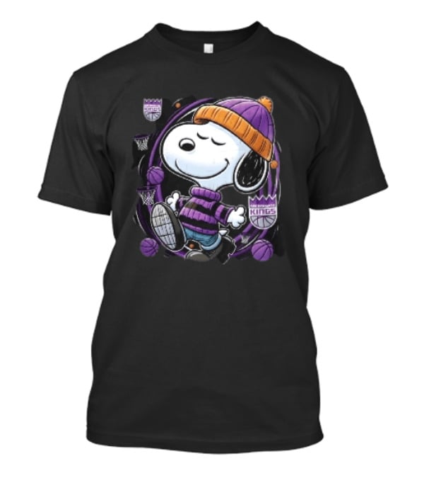 Sacramento Kings NBA Snoopy Walking Beanie Striped Basketball Hoops T-Shirt