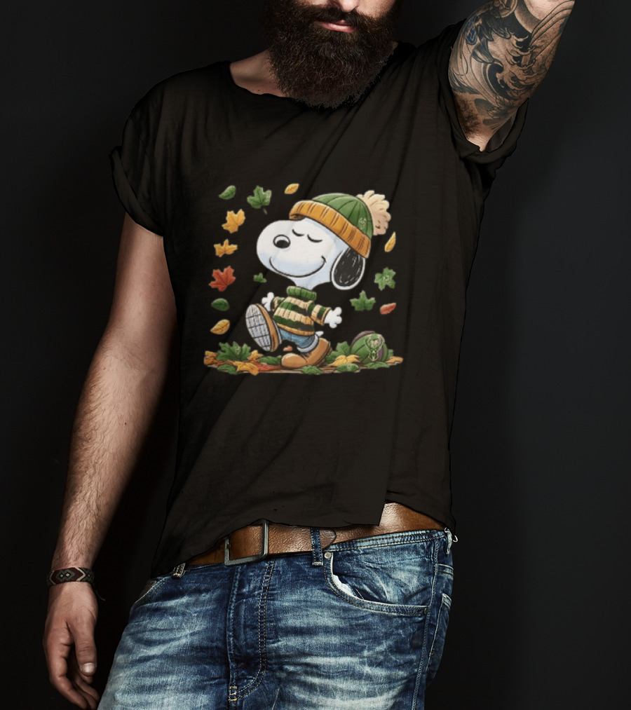 Milwaukee Bucks Snoopy In Beanie Walking Through Autumn Leaves Cartoon T-Shirt
