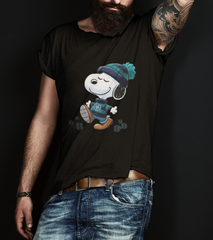 Seattle Mariners Snoopy Walking Beanie And Baseballs MLB Cartoon T-Shirt