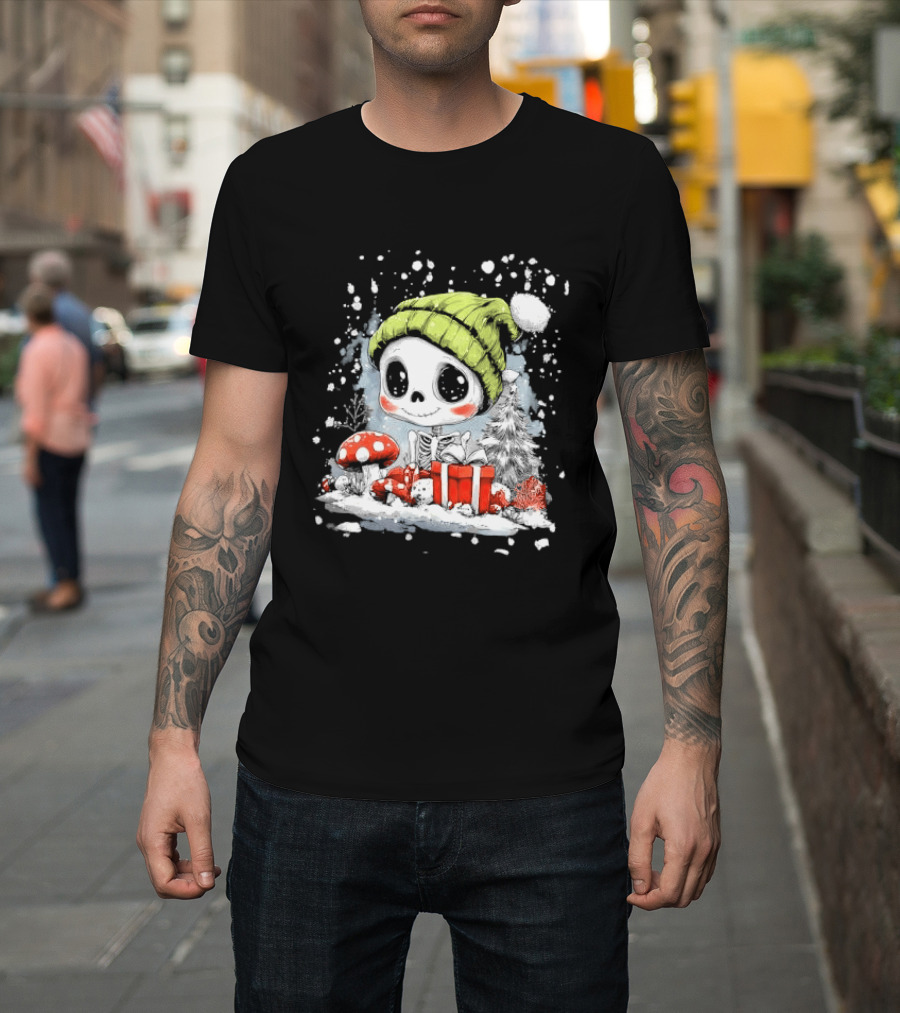 Skeleton In Green Beanie Hat With Mushroom And Christmas Present T-Shirt